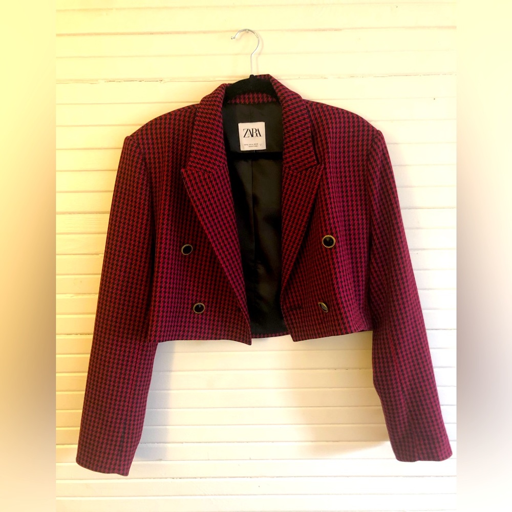 Zara red and black houndstooth blazer
